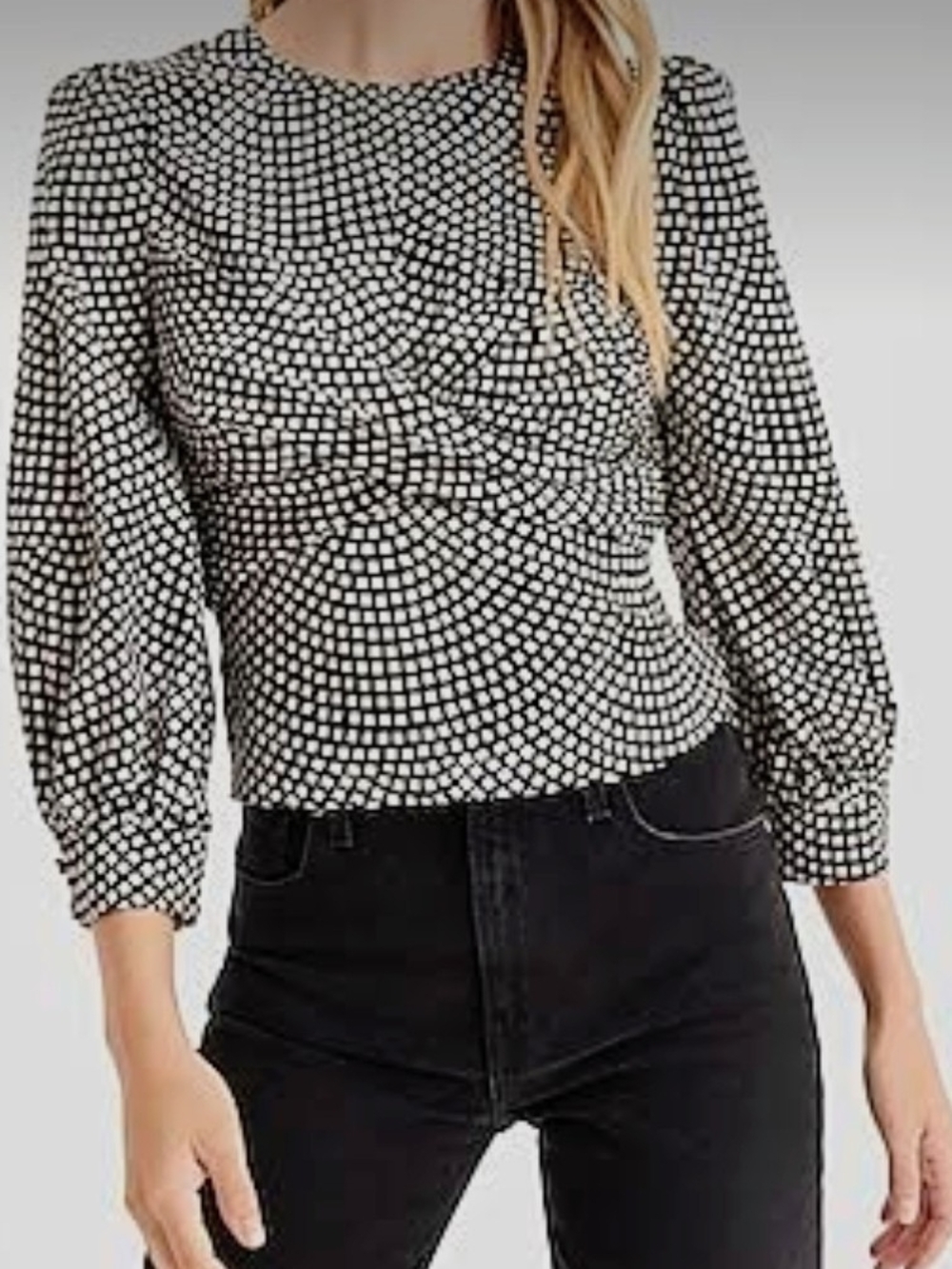 Express Black and White Geometric Twist-Front Puff-Sleeve Top